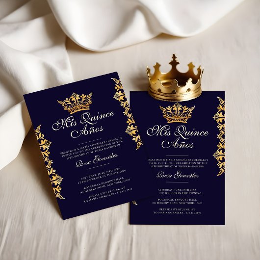 Invitation Royal Gold Leaf Crown Elegant Marine Quinceañera
