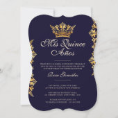 Invitation Royal Gold Leaf Crown Elegant Marine Quinceañera (Devant)