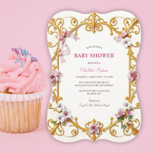 Invitation Royal Gold Rococo Rose Floral Girl Baby shower