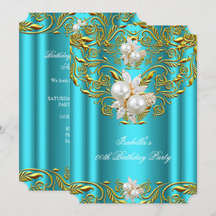 Invitation Royal Gold sur Turquoise Pearl Élégante fête d'ann