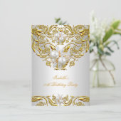 Invitation Royal Gold sur White Pearl Élégante fête d'anniver (Debout devant)