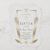 Invitation Royal Gold White Art Déco Monogramme Baptême (Devant / Derrière)