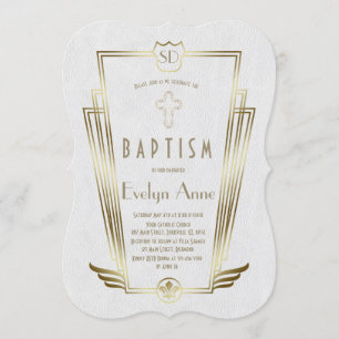 Invitation Royal Gold White Art Déco Monogramme Baptême
