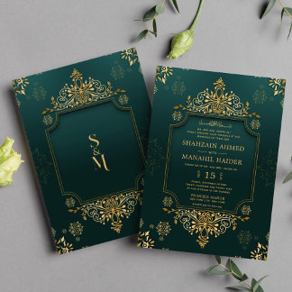 Invitation Royal Green I Gold Floral Élégant Mariage musulman