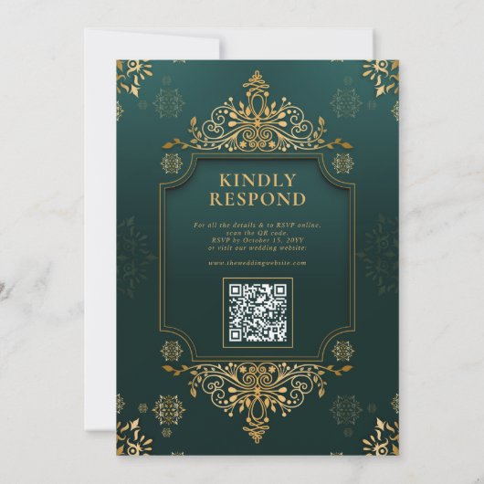 Invitation Royal Green I Gold Floral QR Code Mariage musulman (Dos)