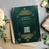 Invitation Royal Green I Gold Floral QR Code Mariage musulman