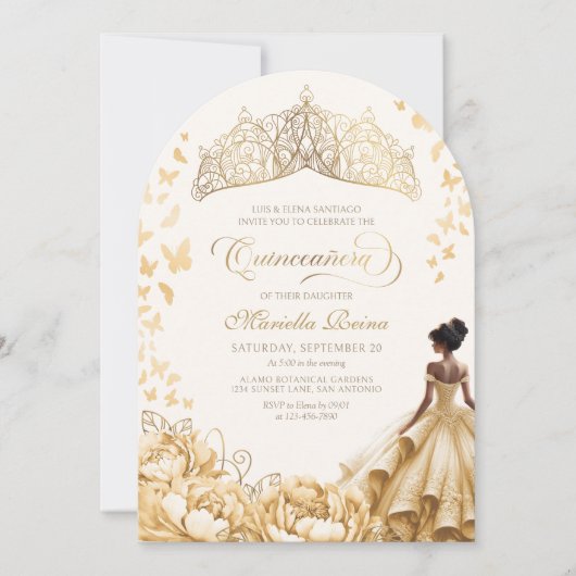 Invitation Royal Jaune Couronne or Florale Quinceanera (Devant)