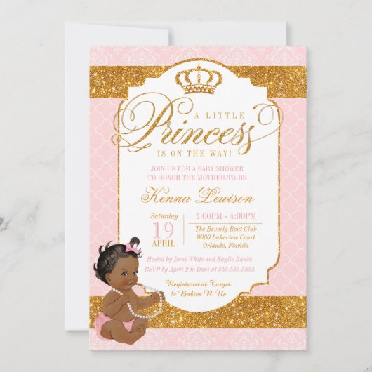 Invitation Royal Little Princess Baby shower rose et or (Devant)