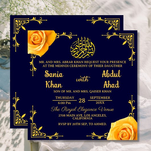 Invitation Royal Mehndi Yellow Rose Mariage musulman islamiqu