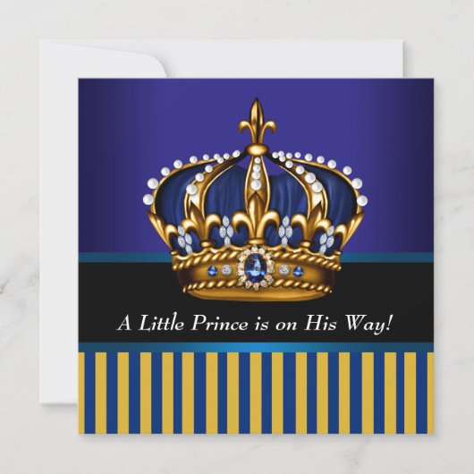 Invitation Royal Navy Blue Black Gold Prince Baby Boy Douche (Devant)