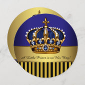 Invitation Royal Navy Blue Black Gold Prince Baby Boy Douche (Devant / Derrière)