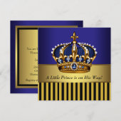 Invitation Royal Navy Blue Black Gold Prince Baby Boy Douche (Devant / Derrière)