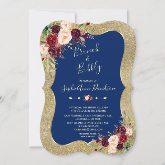 Invitation Royal Navy Blue Blush Floral Gold Brunch & Bubbly (Devant)