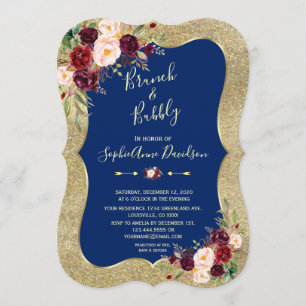 Invitation Royal Navy Blue Blush Floral Gold Brunch & Bubbly