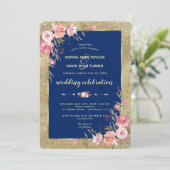 Invitation Royal Navy Blue Blush Peonies Gold Mariage (Debout devant)