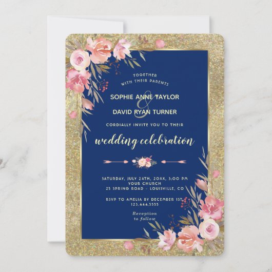 Invitation Royal Navy Blue Blush Peonies Gold Mariage (Devant)