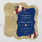 Invitation Royal Navy Blue Burgundy Floral Mariage or (Devant / Derrière)