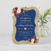 Invitation Royal Navy Blue Burgundy Floral Mariage or (Debout devant)