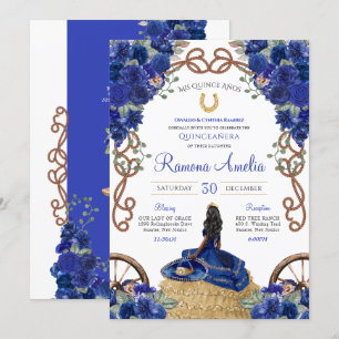 Invitation Royal Navy Blue Floral Charro Western Quinceanera
