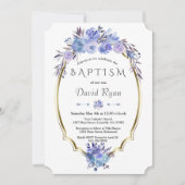 Invitation Royal Navy Blue Gold Blue Floral Boy Baptême (Devant)