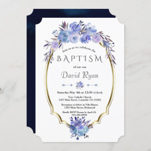 Invitation Royal Navy Blue Gold Blue Floral Boy Baptême