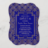 Invitation Royal Navy Blue Gold Great Gatsby Art déc SWEET 16 (Devant / Derrière)