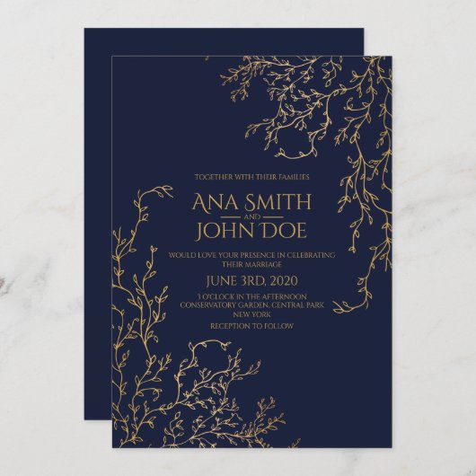 Invitation Royal Navy-Blue & Gold Mariage (Devant / Derrière)