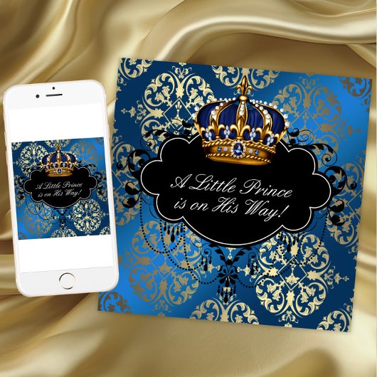 Invitation Royal Navy Blue Gold Prince Baby Boy Douche