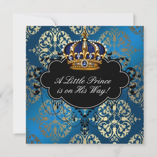Invitation Royal Navy Blue Gold Prince Baby Boy Douche (Devant)