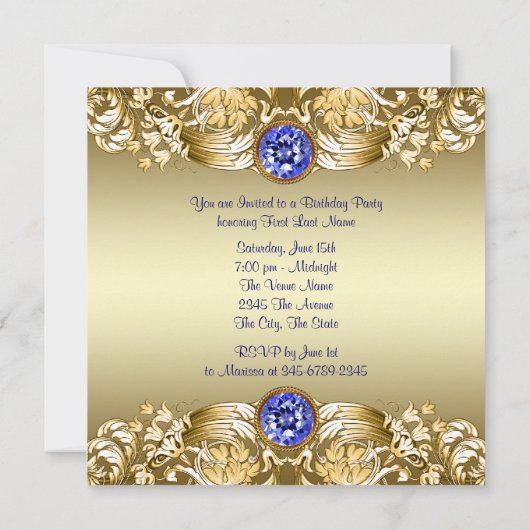 Invitation Royal Navy Blue Gold Womans fête d'anniversaire (Dos)