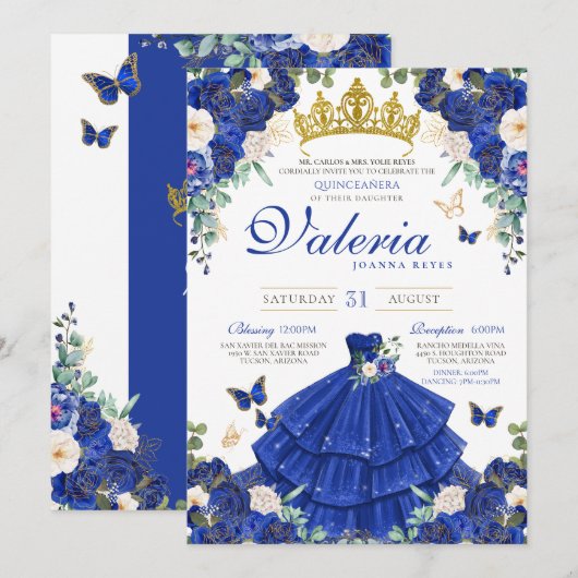 Invitation Royal Navy Blue Rose Butterfly Princess Anniversai (Devant / Derrière)