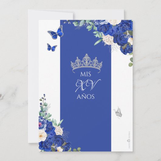 Invitation Royal Navy Blue Rose Butterfly Silver Quinceanera (Dos)