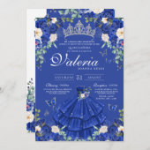 Invitation Royal Navy Blue Rose Butterfly Silver Quinceanera (Devant / Derrière)