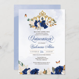 Invitation Royal Navy Blue Roses Gold Tiara Butterfly Quince