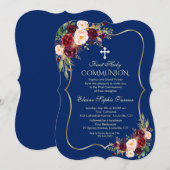 Invitation Royal Navy Bourgogne Floral Gold Première communio (Devant / Derrière)