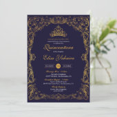Invitation Royal Ornamental Gold Blue Crown Storybook (Debout devant)