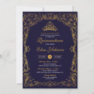 Invitation Royal Ornamental Gold Blue Crown Storybook