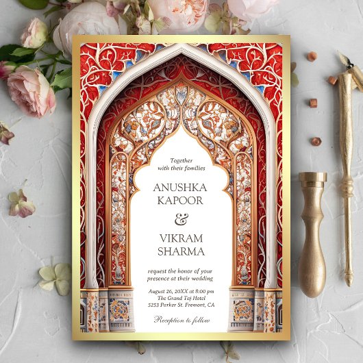 Invitation Royal Palace Red Arch Photo Mariage indien