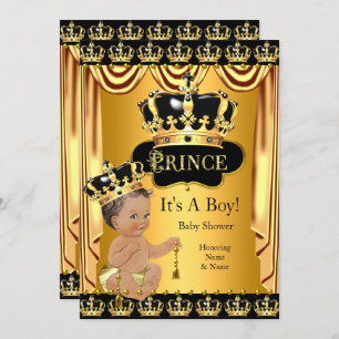 Invitation Royal Prince Baby shower Black Gold Brunette
