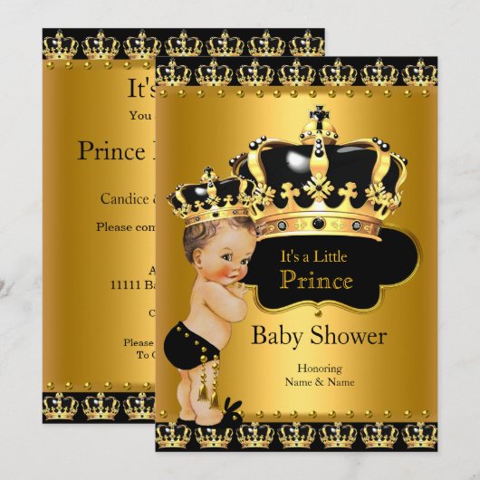 Invitation Royal Prince Baby shower Black Gold Brunette (Devant / Derrière)
