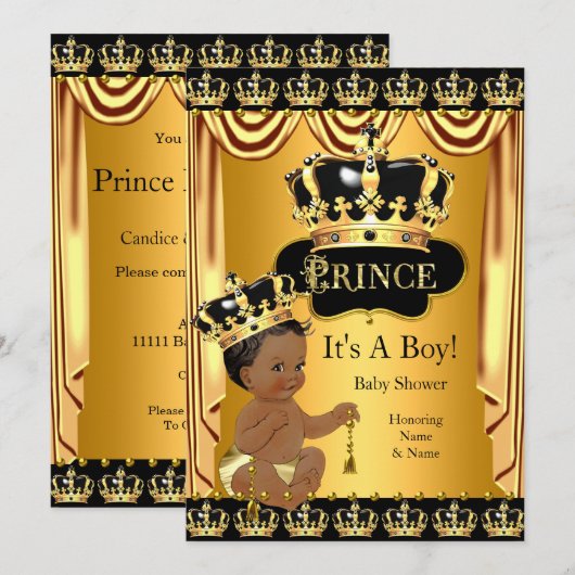 Invitation Royal Prince Baby shower Black Gold Ethnic Boy (Devant / Derrière)