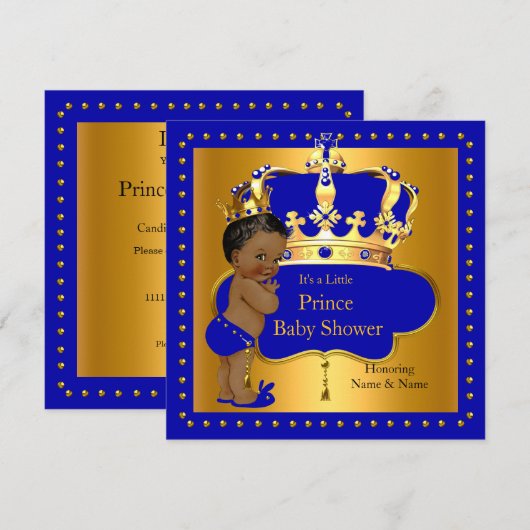 Invitation Royal Prince Baby shower Blue Boy Crown Ethnic (Devant / Derrière)
