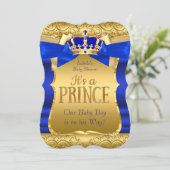 Invitation Royal Prince Baby shower Blue Gold Bow Bow Boy (Debout devant)