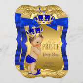 Invitation Royal Prince Baby shower Blue Gold Bow Brunette (Devant / Derrière)
