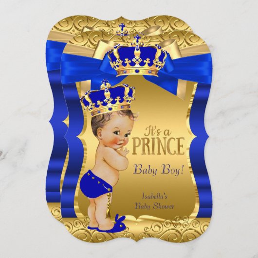 Invitation Royal Prince Baby shower Blue Gold Bow Brunette (Devant / Derrière)