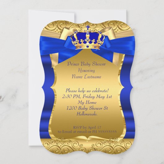 Invitation Royal Prince Baby shower Blue Gold Bow Brunette (Dos)