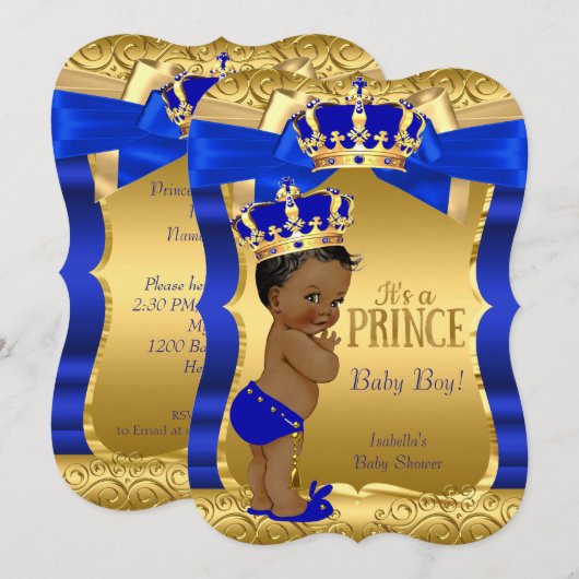 Invitation Royal Prince Baby shower Blue Gold Bow Ethnie (Devant / Derrière)