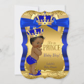 Invitation Royal Prince Baby shower Blue Gold Bow Ethnie (Devant)