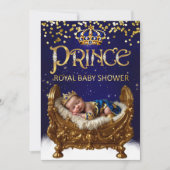Invitation Royal Prince Baby Shower Blue Gold Crib Glitter (Devant)