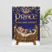 Invitation Royal Prince Baby Shower Blue Gold Crib Glitter (Debout devant)